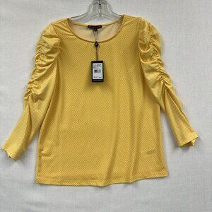 Adrianna Papell Polka Dot Blouse Stretchy Caterpillar 3/4 Sleeve Yellow White Sm